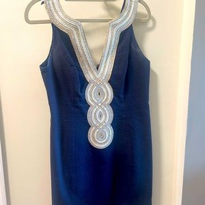 Lilly Pulitzer Classic Blue shift dress with Silver and Gold embellishment